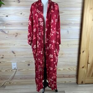 August Silk Robe Womens Medium Red Floral Jacquard 100% Silk Long Duster No Belt